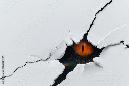 Close-up macro photography of a physical 3D sculptural , surface violently torn open from within, through the tear a massive dragon eye 