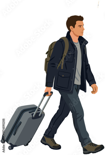 A man walks with a suitcase and backpack through the city streets