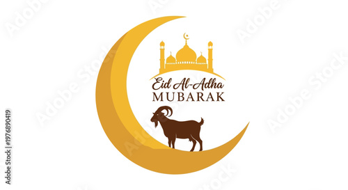 Eid Al-Adha Mubarak crescent moon and mosque illustration celebrating the Islamic festival of sacrifice