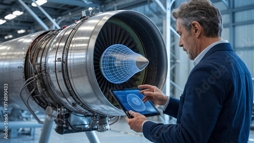 Engineer uses a digital tablet to inspect a jet engine in a modern factory.