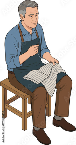An elderly man sitting on a stool wiping himself with a towel.