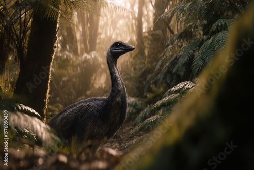 Prehistoric tropical close-up ground-level cinematic shot of a feathered Gallimimus 