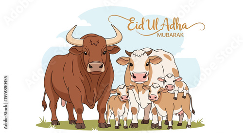 Eid al-Adha Mubarak greeting card featuring a family of cows and calves, celebrating the Islamic festival of sacrifice