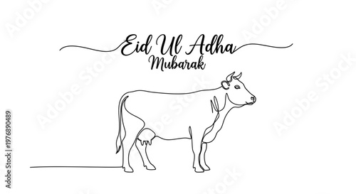 Eid Al Adha Mubarak greeting card featuring a minimalist single-line drawing of a cow, symbolizing the festival of sacrifice