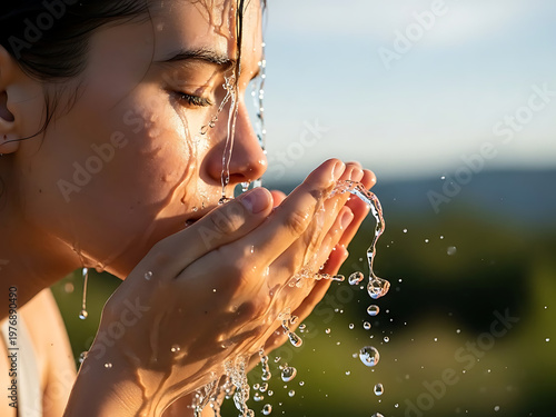 Woman washing face with water drops outdoors in sunlight with transparent background