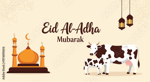 Vibrant vector illustration commemorating the Islamic Festival of Sacrifice, depicting a mosque, crescent moon, traditional lanterns, and livestock, symbolizing peace and blessings