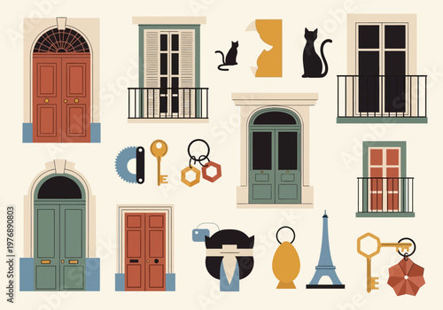 Minimalist European Architectural Elements Set with Vintage Doors, Windows, Cats, and Travel Icons in Flat Vector Style