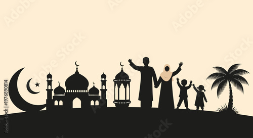 A celebratory silhouette of a Muslim family, featuring mosques, a crescent moon, and palm trees, symbolizing Islamic faith, unity, and rich cultural heritage