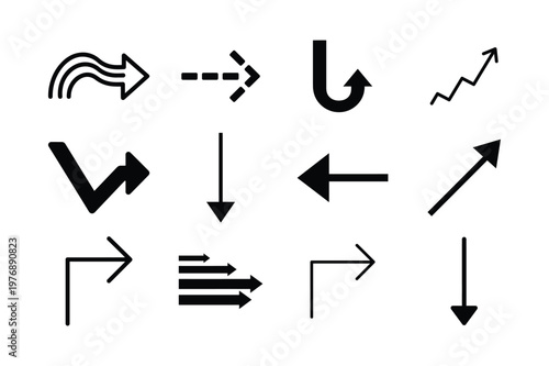 Collection of various black arrow icons depicting different directions and movement styles high quality professional detailed