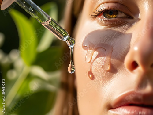 Womans face with droplets of serum applied by dropper close up