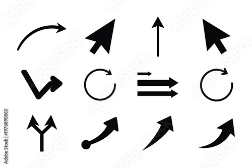 Collection of black arrow icons depicting various directions and movement styles high quality professional detailed modern