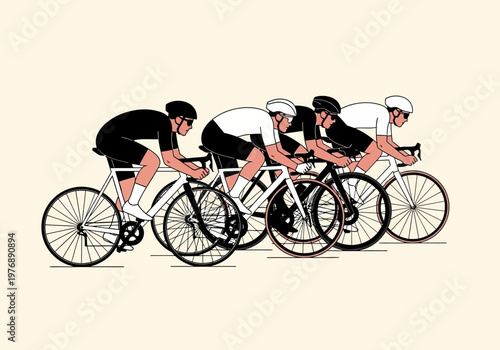 Minimalist Vector Illustration of Professional Cyclists Racing in a Peloton Team Formation