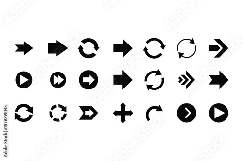 Collection of black arrow and circular rotation icons on a plain white background high quality professional