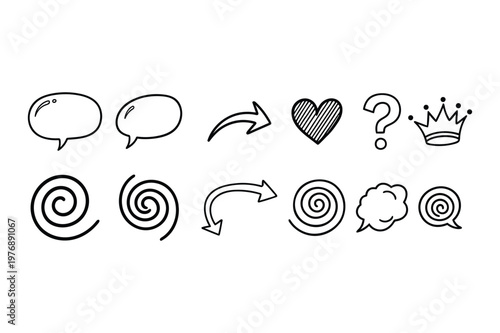 Collection of hand drawn doodle elements including speech bubbles arrows hearts and decorative symbols high quality