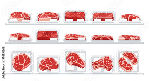 Vacuum sealed portions of premium red meat rest upon three pristine white metal shelves inside a modern refrigerated grocery store display unit at night.