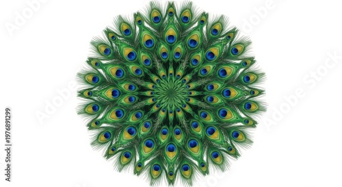 Vibrant peacock feathers form stunning circular pattern