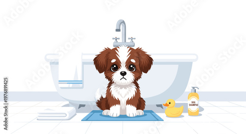 Adorable brown and white puppy sits patiently on a blue bath mat in front of a pristine white bathtub with a yellow rubber duck and dog shampoo bottle.