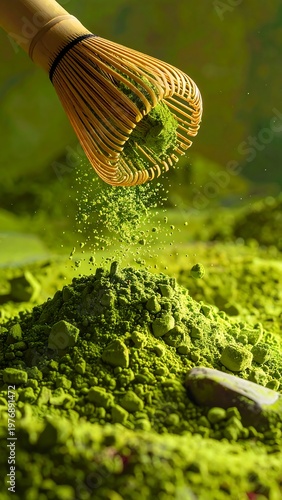 A whisk disperses green powder on a pile