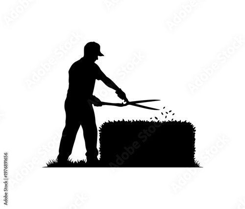 Man Mowing Lawn with Push Mower Silhouette