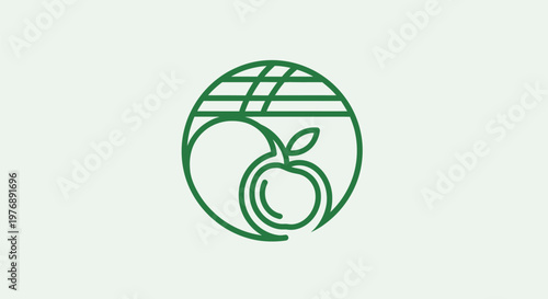 A green logo illustration of a globe with an apple on a leafy surface