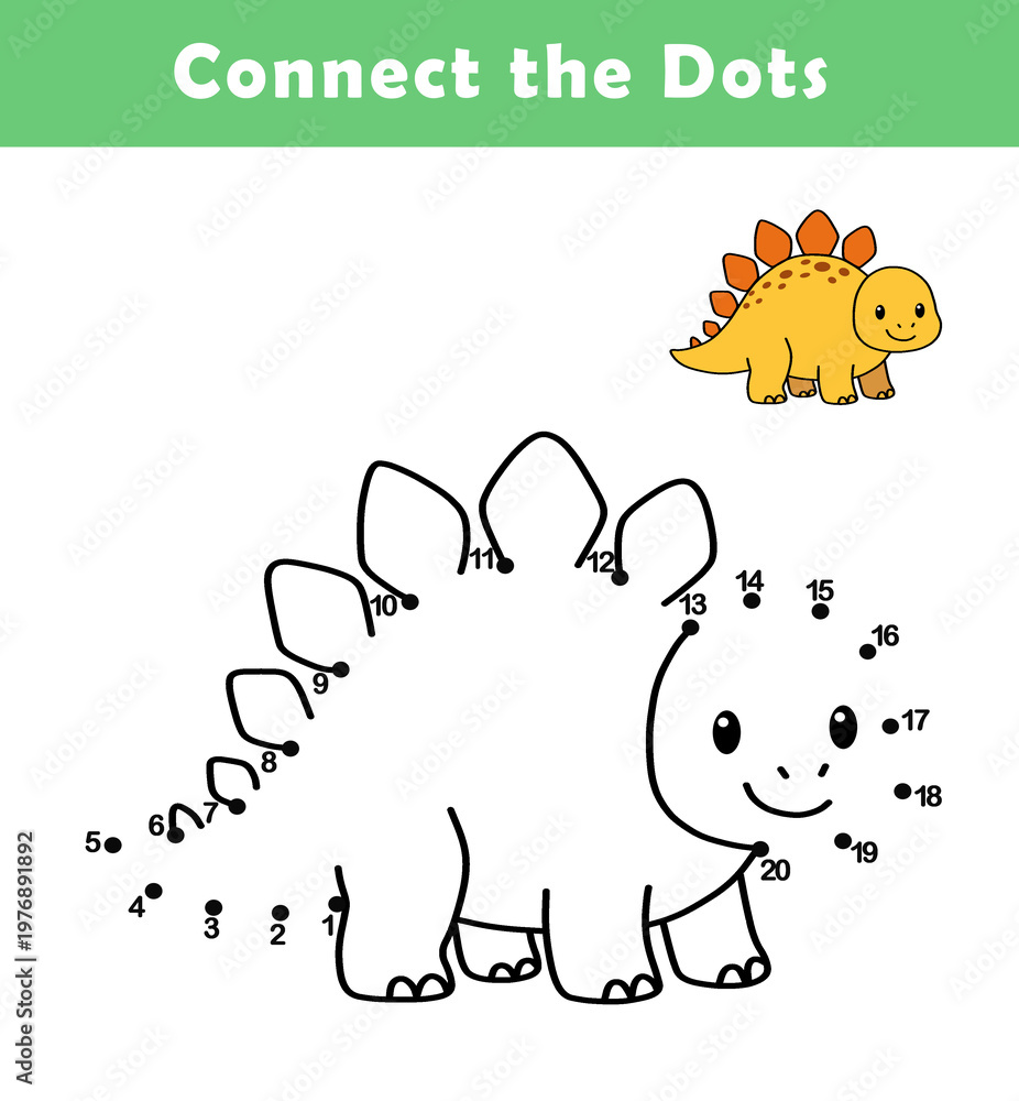 Fototapeta premium Dot to Dot Worksheet for Kids. Connect the dots to draw a cute dino. Illustration of dinosaur. Coloring page. 