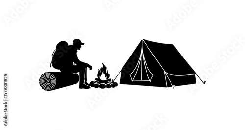 Camping by the Fire with Tent and Backpack