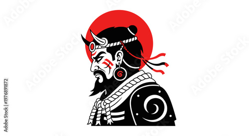 Warrior samurai wearing traditional armor standing against sunset