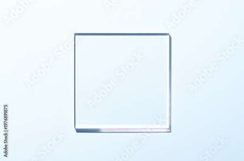 An empty glass square on a blue background. The concept of cosmetic products for body care.