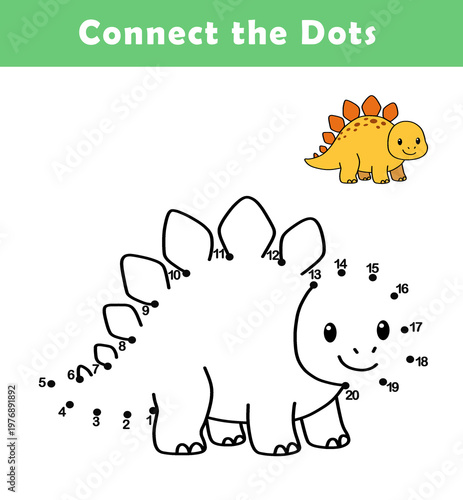 Dot to Dot Worksheet for Kids. Connect the dots to draw a cute dino. Illustration of dinosaur. Coloring page.	