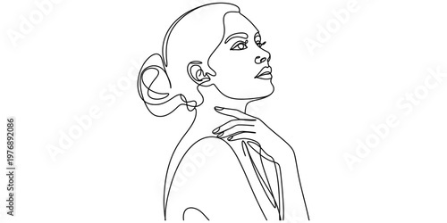 Minimalist continuous line drawing of a woman with a bun looking up with hand on her neck area