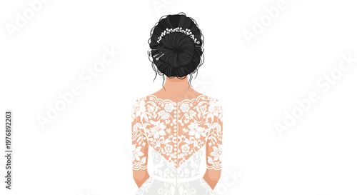 Elegant bride seen from behind wearing an intricate white lace wedding dress with delicate buttons and a dark hair bun adorned with a sparkling hairpiece.
