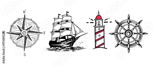 Old vintage sailboat, lighthouse, Wind rose, hand drawn