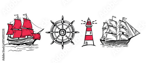 Old vintage sailboat, lighthouse, Wind rose, hand drawn