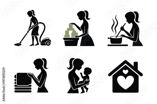 A woman doing various household chores and taking care of her baby