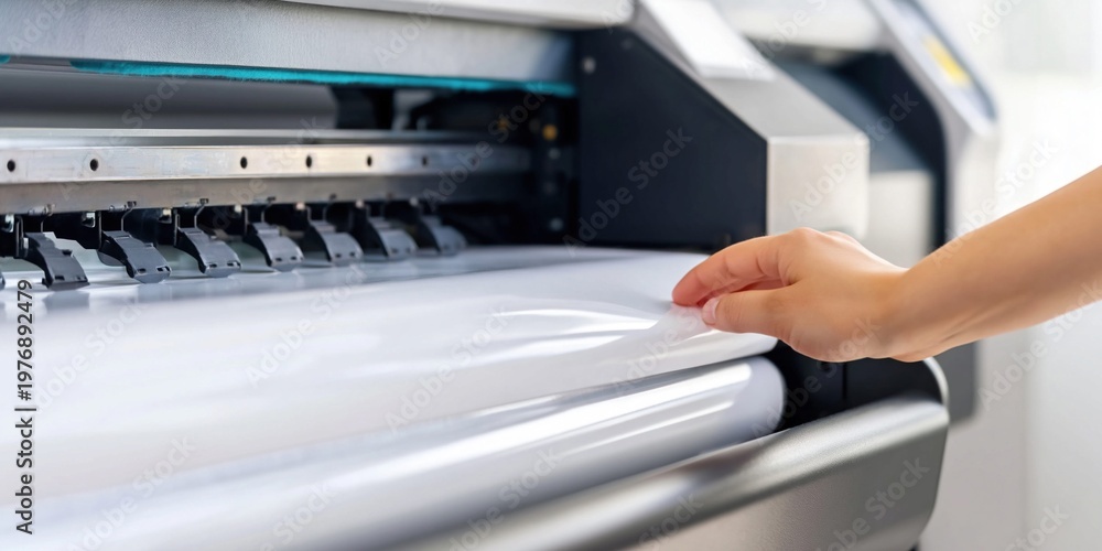 Fototapeta premium Close-up of a hand guiding a vinyl sheet through a large format printer