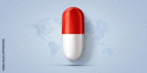 Global pharmaceutical research and development with a prominent capsule on world map