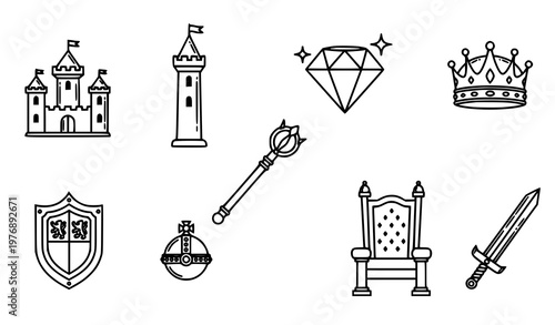 Luxury royal outline icons with castle diamond crown and throne in bold line vector style for premium design