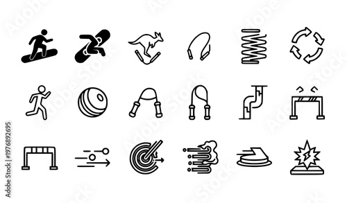 Dynamic jump icons set with snowboard skipping rope kangaroo and motion symbols in bold filled and outline vector style