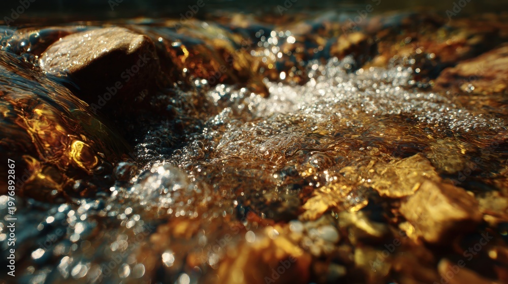 Obraz premium Sunlit clear spring water flowing over smooth river stones in a tranquil natural environment