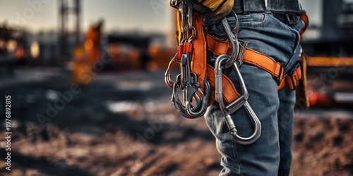 Construction worker wearing safety harness with carabiners and hooks at a job site