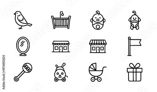 Small everyday outline icons with sparrow baby crib shop and toy symbols in bold line vector style