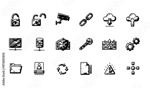Modern system outline icons with lock cloud server security camera and cybersecurity symbols in bold line vector style