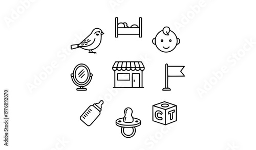 Mini small outline icons set featuring sparrow baby crib shop mirror and child symbols geometric vector style