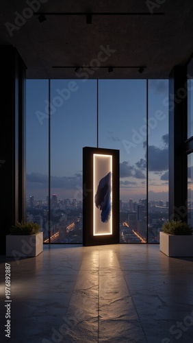 Modern Art Gallery with Illuminated Frames and City View