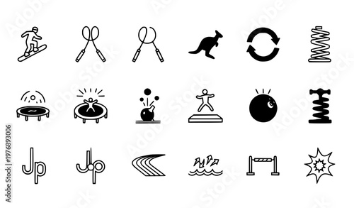 Jump and motion icons collection with filled and outline style including snowboard kangaroo spring and skipping rope vector set