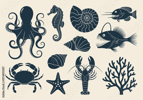 Collection of Marine Life Silhouettes: Octopus, Seahorse, Crab, Lobster, and Deep Sea Fish Design Elements