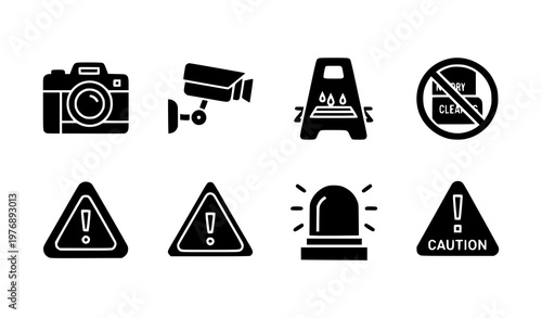 Caution filled icons set with warning camera wet floor siren and safety symbols minimal vector collection