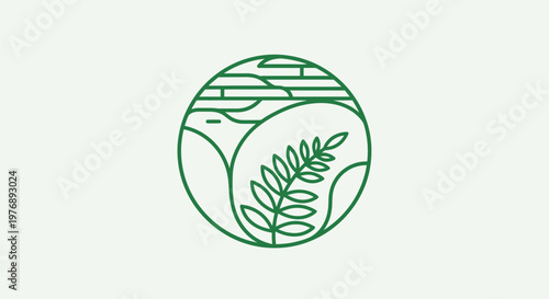 Green leafy illustration inside a circular globe icon on white background