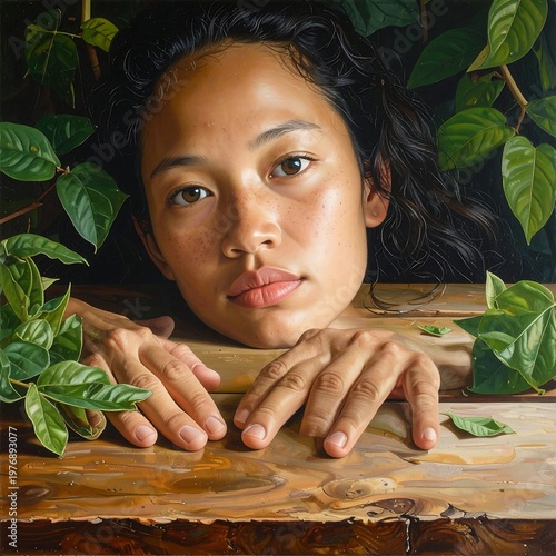 A woman with dark hair and brown eyes peeking over a wooden surface surrounded by green leaves