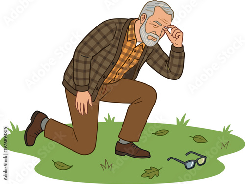 An elderly man kneels on grass, rubbing his eyes in distress, with his glasses lying nearby.